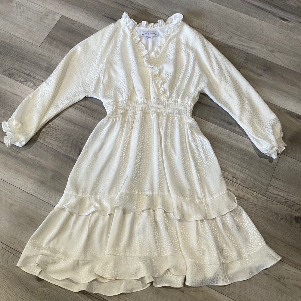 Emma & Michele‎ White Leopard Jacquard Ruffle Mini Dress Smocked Waist Size M